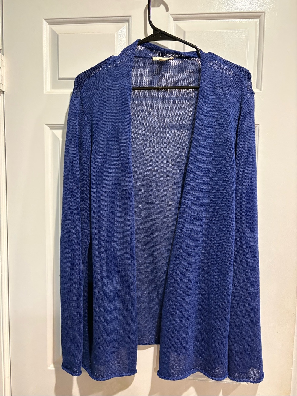 Eileen Fisher linen blend open cardigan sweater sz L blue quiet luxury coastal